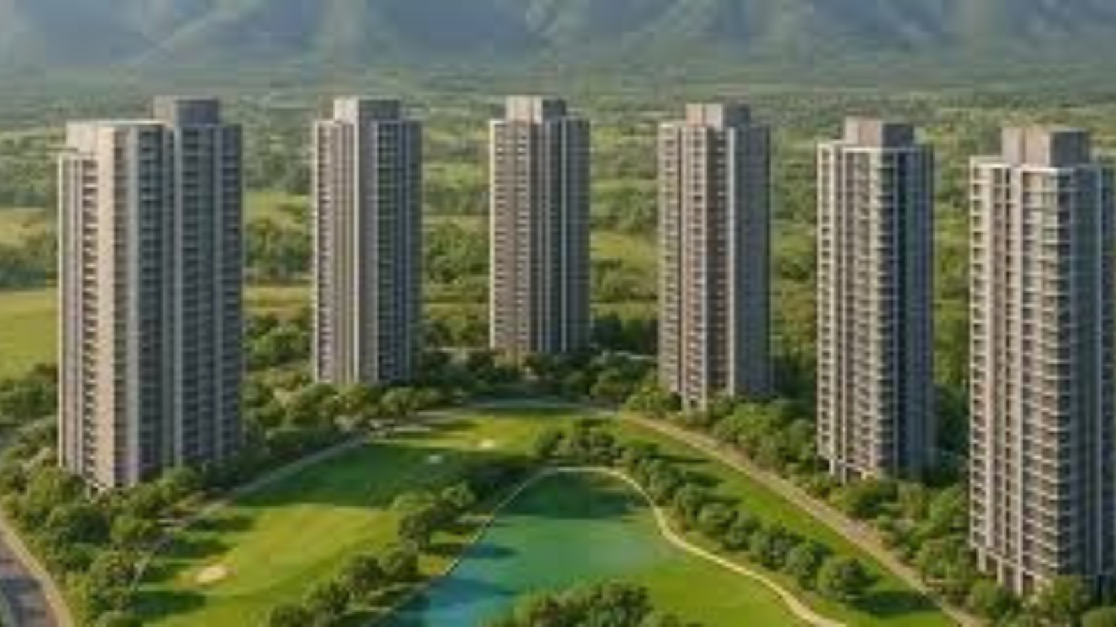 Luxury high-rise residential towers surrounded by landscaped greenery and open spaces in Gurgaon.